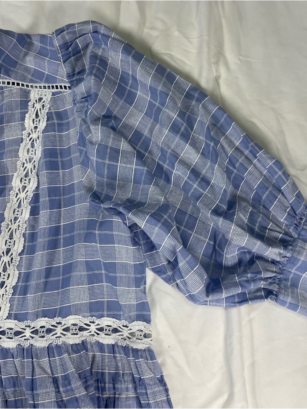 Free People Blue Plaid Lace Babydoll Mini Dress Boho Prairie Small - Picture 5 of 13